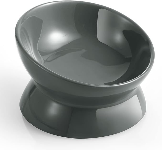 LoeJan Elevated Cat Food Bowl, 5 Oz Ceramic Raised and Tilted Water Bowl, Anti Vomiting and Protect Pets' Spines Dishes for Small Dog, Fat Faced Cat, Kitten (Gray, 1 Pack)
