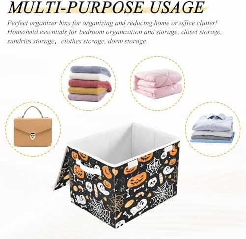 Bolaz Storage Bins with Lids and Handles,Halloween Seamless Pumpkins Spider Web Storage Box Basket with Cover Collapsible Organizer Containers for Home Closet, Shelves - Image 7