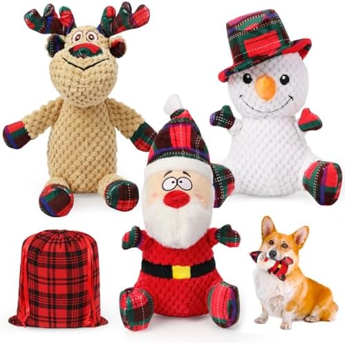 SZEE Dog Christmas Toys for Medium & Big Pets [3 Pack], Premium Dog Gifts, Christmas Doggy Plush Squeaky Chew Toys - Santa, Reindeer, Snowman by SZEE