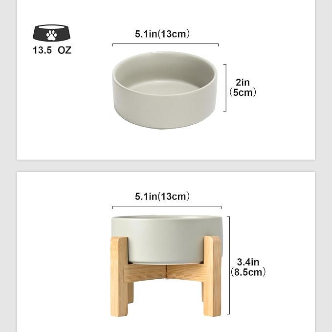 SPUNKYJUNKY Ceramic Elevated Dog Bowls 2 Pack - 5.1inch Raised Dog Bowls with Non-Slip Wooden Stand for Small Dogs Dishwasher Safe(Grey,13.5OZ*2)