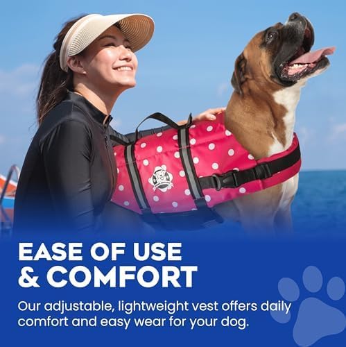 Dog Life Jacket - Swimming Vest for Dogs, Adjustable, Reflective, Comfortable, Multiple Colors, Patterns, XX-Small to Extra Large Dog Swim Vest with Handle (Pink Polka Dot, Large)