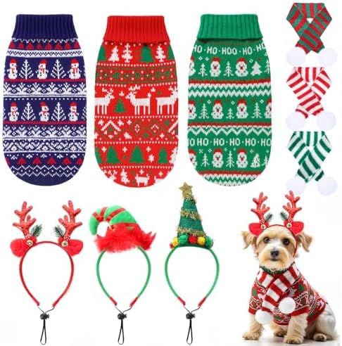 Reginary 9 Pack Dog Christmas Costume Xmas Sweaters Headband Scarf Set Christmas Dog Cat Sweaters Costume Winter Warm Small Dogs Clothes Adjustable Xmas Hair Hoop Headwear for Pet Accessories (L) by Reginary