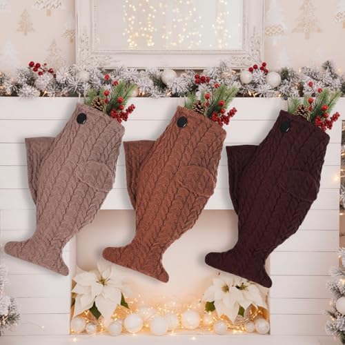 Coume 3 Pcs Cat Xmas Fish Stocking 15.7 in, Brown Series, Knitting by Coume