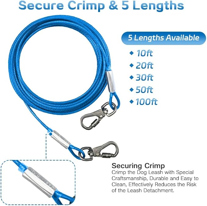 Dog Tie Out Cable - Chew Proof Steel Wire Lead - 360° Tangle Free Outdoor Leash for Pups - Dog Runner Cable for Small to Medium Dogs (Blue, 45lbs/50ft)