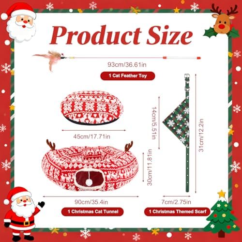 Cat Tunnel Bed Under Christmas Tree 35.4" Festive Circle Cat Tunnel with Feather Toys Adjustable Bibs Foldable Holiday Decorative Pet Cave for Indoor Cats Small Animals Fits Under Tree Skirt - Image 2