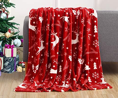Elegant Comfort Luxury Velvet Super Soft Christmas Prints Fleece Blanket-Holiday Theme Home Décor Fuzzy Warm and Cozy Throws for Winter Bedding, Couch and Gift, 50 x 60 inch, Burgundy Reindeer by ELEGANTCOMFORT