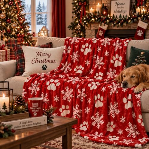 HunnmingRe Christmas Red Paw Flannel Blanket with Snowflakes, 50" x 60" - Image 3