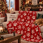 HunnmingRe Christmas Red Paw Flannel Blanket with Snowflakes, 50" x 60" - Image 3