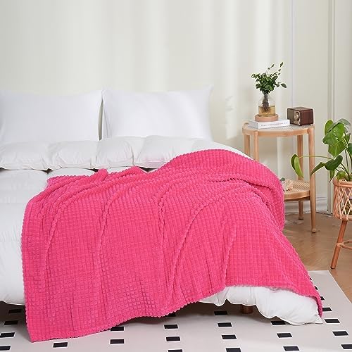 Puncuntex Fleece Throw Blanket Hot Pink 108"×90" with Square Grid Design by Puncuntex