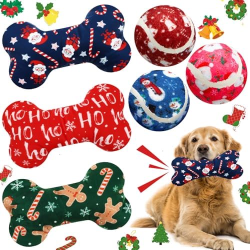 6 Pcs Christmas Dog Toys Puppy Tennis Balls and Squeaky Bone Toys Plush Interactive Pet Toy for Small Medium Large Dog Plush Chew Toy Puppy Training Toss Playing Gift by Vertintong