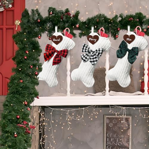 WATINC Pet Christmas Stockings Personalized - 3 Pack Large Bone Shape Stocking with Wooden Name Tag, Pet Dog Knit Christmas Hanging Stockings for Xmas Eve Party Fireplace Tree Gift Decoration - Image 6