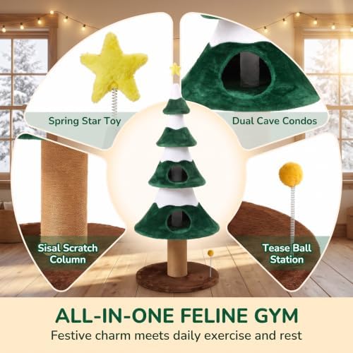 62" Cat Tower for Indoor Cats, Multi-Level Wooden Cat Tree with Sisal Scratching Posts, Cozy Cat Beds & Modern Holiday Design, Green - Image 3