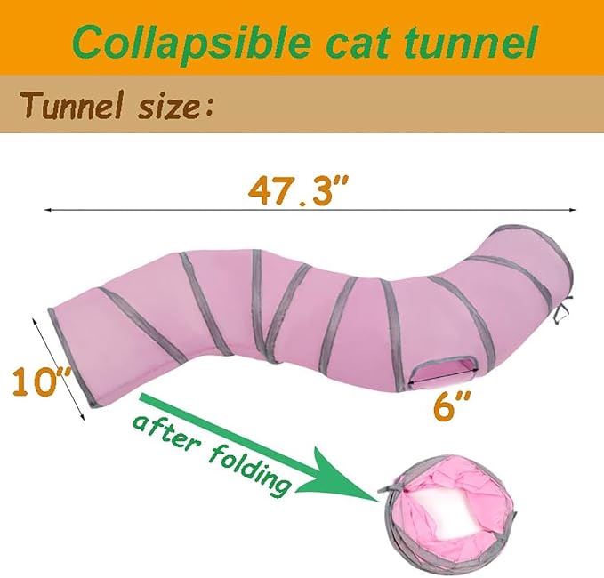 2-Way Long Collapsible Cat Tunnel Tube Toy Pink | Interactive Play Tunnel with Peek Hole for Indoor Cats, Kittens, Puppies & Rabbits | Hours of Fun & Exercise
