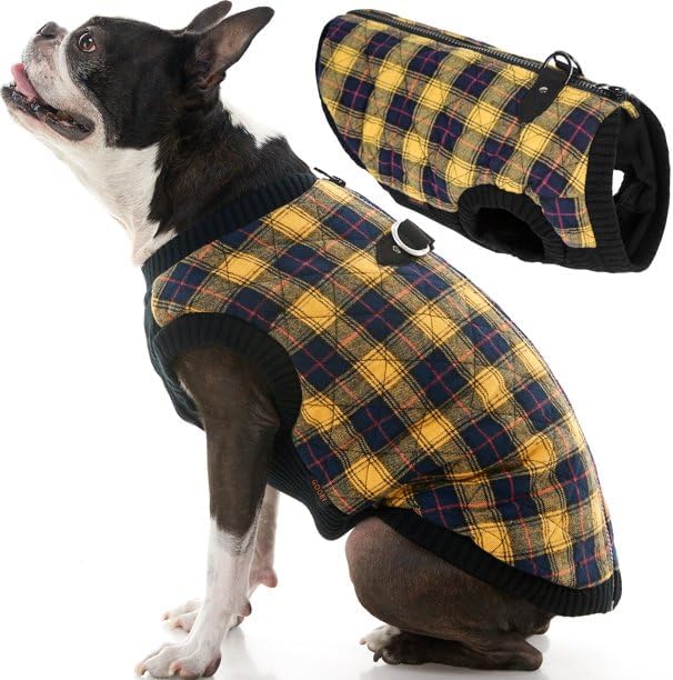 Gooby Fashion Vest Check Dog Jacket - Yellow Check, Medium - Warm Zip Up Dog Bomber Vest with Dual D Ring Leash Water Resistant for Small to Medium Dogs