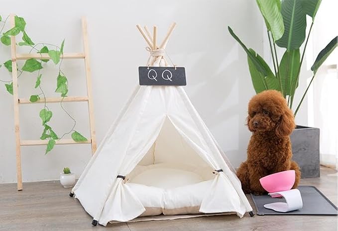 Scnbom Pet Teepee Dog & Puppy Cat Tents Tipi Bed Portable Houses | with Thick Cushion for Pets Up to 20lbs