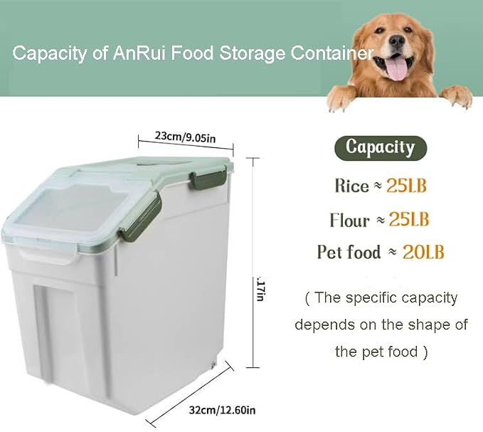 AnRui Airtight Flour Storage Container 25lb, Plastic Grain Storage Bucket, Rice Cereal Dispenser Organizer Box with Lid, Cat Dog Food Storage Bin with Measuring Cup, Scoop, Wheels, 2Pcs Green