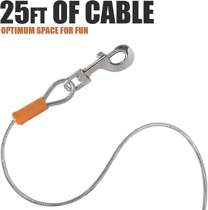 BV Dog Tie Out Cable 25 Feet - Heavy Duty Dog Lead Up to 90 Pounds - Reflective & Rust-Free with Quick Release Swivel Clips & 360° Rotating Clasp - Tangle-Free Dogs Runner for Yard (Silver, Pair)