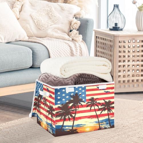 Bolaz American Flag Coconut Tree Storage Bins with Lids and Handles, Storage Box Basket with Cover Collapsible Organizer Containers for Home Closet, Shelves - Image 5