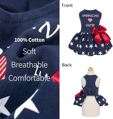 Fitwarm 100% Cotton 4th of July American Cutie Dog Clothes Memorial Day Dog Outfits Patriotic Dresses Doggie Dress Pet Cat Apparel Blue XS - Image 3