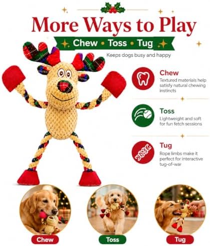 Christmas Squeaky Dog Toys- Interactive Plush Toys with 5 Squeakers- Stuffed Dog Toys for Medium & Large Breeds- Reducing Boredom and Relieving Anxiety (Elk) - Image 4