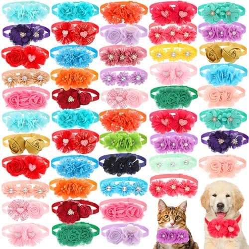50 Pcs Flower Dog Bows Pink Collar Puppy Bows, Multiple Colors by Solsew