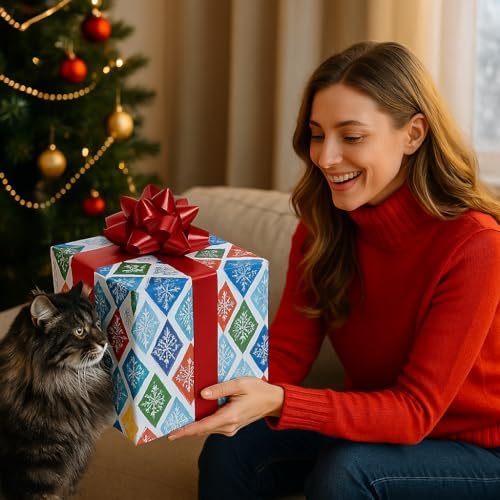 “Cat Gift Box Playhouse – Holiday Toy Hideout, Scratch-Resistant Cardboard House Shaped Like a Gift with Bow – Cute for Cats & Cat Lovers - Image 2