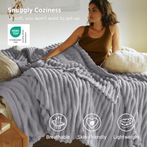 Bedsure Soft Queen Size Blanket for Bed Light Grey "90"x90" - Image 3