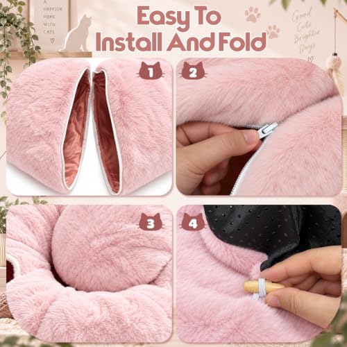 Cat Tunnel Bed with 11 Cat Toys for Indoor Cats, Pink Plush 4-Entrance - Image 6
