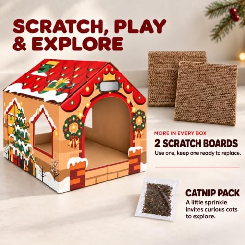 Gift Box Christmas Cat House, A Gift to Play in, 2 Scratchers & Catnip - Image 4