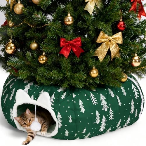 Cat Tunnel Bed Under Christmas Tree, Christmas Tree Skirt for Indoor Cats, Green by LVUVXVAV