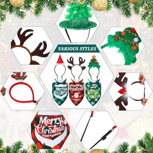 Paterr 12 Pcs Christmas Dog Bandanas, 6 Reindeer Headband 6 Plaid Scarf - Image 6