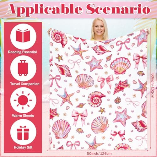 Breling Pink Ocean Beach Throw Blanket Seashells Starfish 50x60 Inch - Image 2
