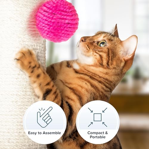 17-Inch Cat Scratching Post - Sisal Rope and Carpet Scratching Pole with Bright Pink Hanging Ball Toy for Adult Cats and Kittens by PETMAKER (Gray) - Image 3