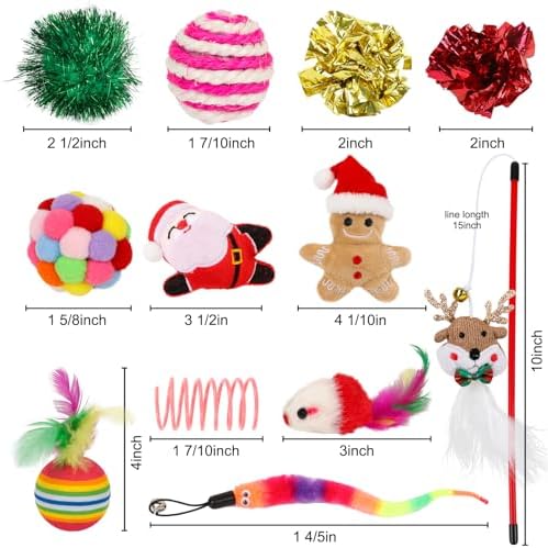 Christmas Stocking Cat Toys, 12PCS Xmas Cat Toy Set with Squeaky Toys, Balls, Cat Teaser - Image 7