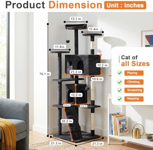 FDW | 70" Cat Tree Tower | Dark Gray | Multi-Level Indoor Activity Center - Image 2