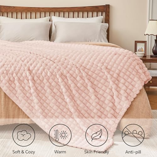 BEDELITE 3D Checked Pink Fleece Throw Blanket for Couch, 50x70 Inch - Image 6