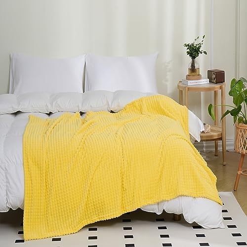Puncuntex Fleece Throw Blanket Bright Yellow 60"×80"with Square Grid Design - Image 5