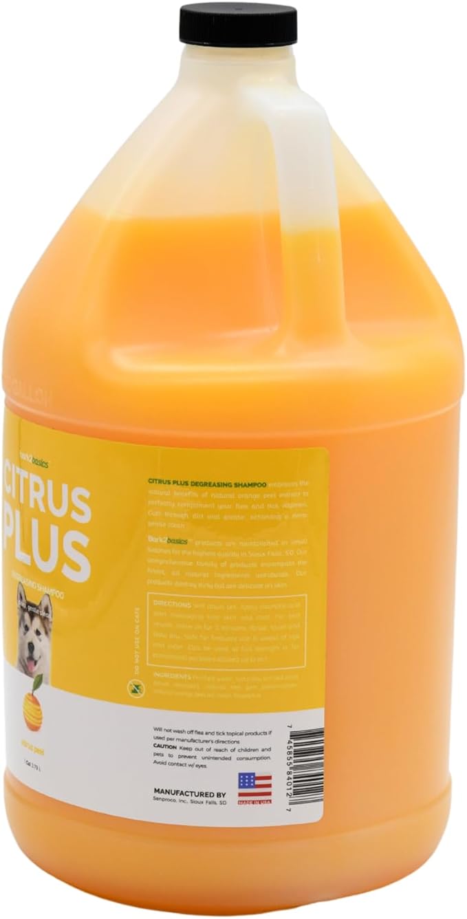 Bark2Basics Citrus Plus Degreasing Dog Shampoo, d-Limonene, 1 Gallon 16:1 | 16:1 Concentrate. Natural d-Limonene Cuts Grease and Dirt, Complements Flea and Tick Regimen, Citrus Pet Wash, Groomer Grade