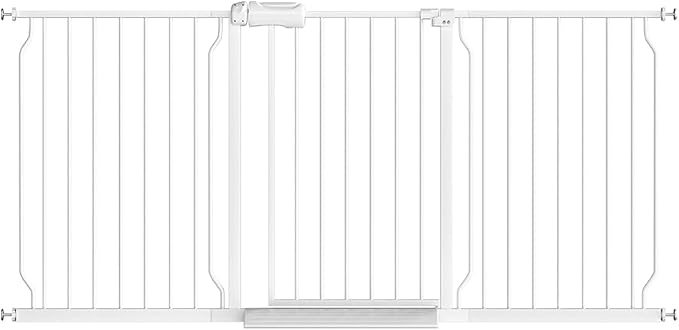Fairy Baby 67-71.5 Inch Extra Wide Baby Gates Auto Close Child Safety Gates | Pressure Mounted No Drill Pet Gate with Door for Stairway Doorways Hallway, Indoor Double-Lock Metal Dog Gates, White