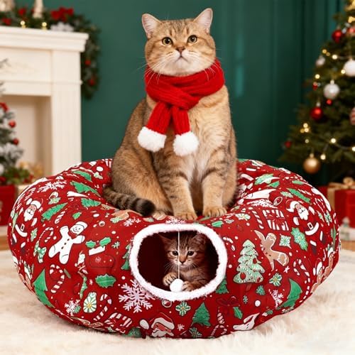 Cat Tunnel Christmas Tree Skirt Cat Donut Tunnel Bed,Gingerbread Man - Image 5