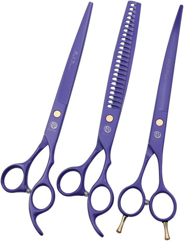 Purple Dragon 8.0 inch Professional Dog Grooming Hair Cutting Scissor-Set | Stainless Steel, Curved Scissor&Chunker Shear Kit Includes Bag, for Pet Groomer or Family DIY Pet Use