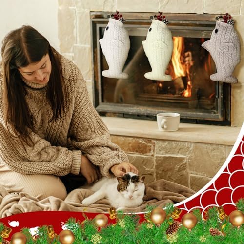 Coume 3 Pcs Cat Xmas Fish Stocking 15.7 in, Multicolor, Knitting - Image 5