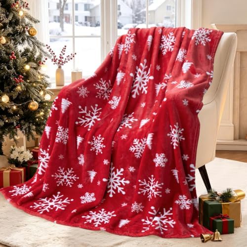 Vessia Snowflakes Printed Throw Blanket for Couch, 300GSM Red Winter Decor by Vessia