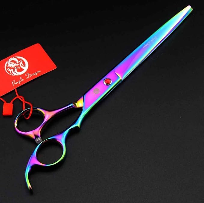 Purple Dragon 8 in Dog Grooming Scissors Set with Anti-Shock Bag - Rainbow | Japanese 440C Steel Pet Grooming Shears, Comfortable Grip, Includes Curved, Straight & Thinning Scissors with Silencer