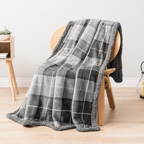 PAVILIA Twin Plaid Sherpa Throw Blanket for Couch Sofa Bed Light Grey 60x80 - Image 6