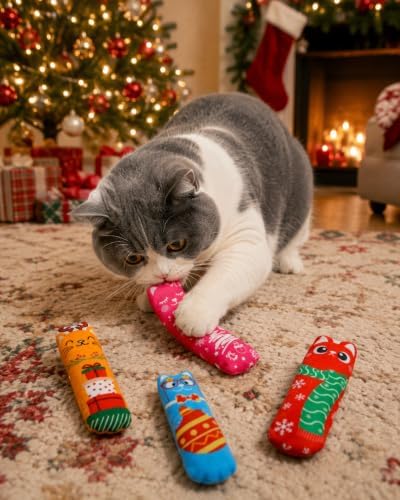 PET SHOW 4 Pack Christmas Cat Kicker Toys with Catnip Crinkle Sound Toys for Indoor Cats Random Assorsted Santa Gift Plush Kittens Shape Natural Interactive Toys Pet Kitty - Image 5