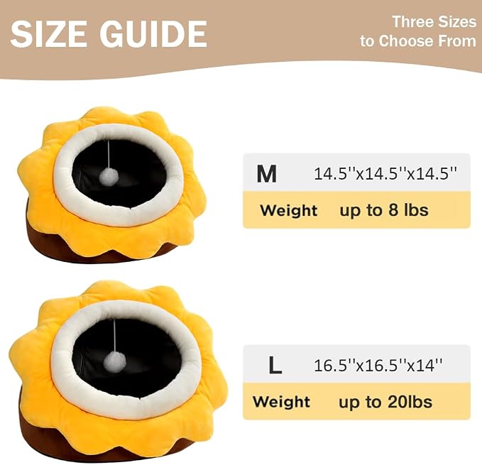 Cat Beds for Indoor Cats - Sun Flower Shaped Cute Cat Cave Bed,Brown L | Super Soft Plush Calming cat Tent house for Kitten&Puppy with Toy,Machine Washable&Thick and Removable Sushion,cat Hideaway