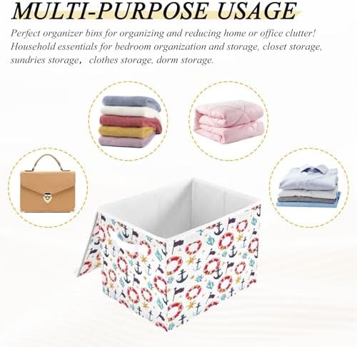 Bolaz Storage Bins with Lids and Handles,Flag Coral Starfish Anchor Life Buoy Pattern Storage Box Basket with Cover Collapsible Organizer Containers for Home Closet, Shelves - Image 7