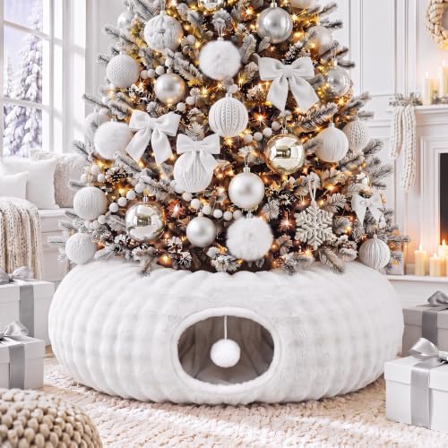 Christmas Tree Cat Tunnel 36 in Donut Bed, White, Bubble Fleec, Fluffy by SilTriangle