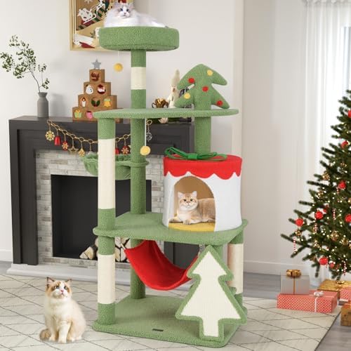 PETSITE 52 inch Cat Christmas Tree, Multi-Level Cat Tower with Sisal Scratching Posts & Board, Cat Condo, Basket Bed, and Detachable Hammock, Cute Cat Tree for Indoor Cats - Image 3